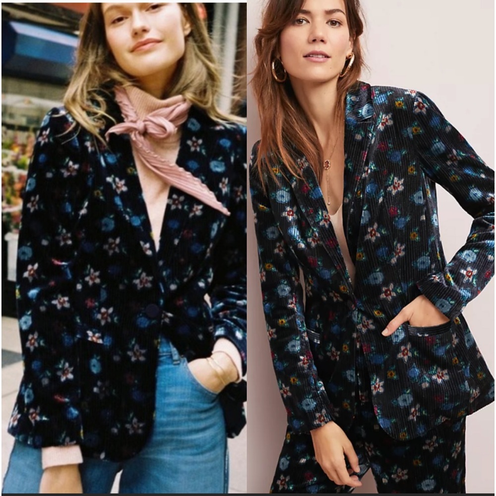 Anthropologie Ett:twa Blooming Velvet Blazer Womens Size 8 Floral Blazer